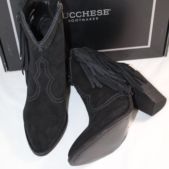 NWB Lucchese Sofia Fringe Heled Bootie Boots Western Cowboy Black Zip Suede - Picture 2 of 8